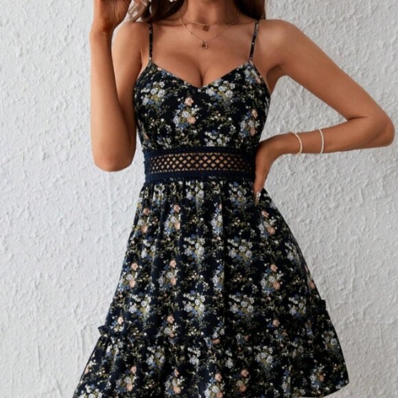 Allover Floral Print Guipure Lace Insert Cami Dress - Picture 1 of 2